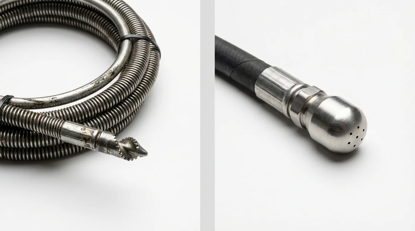 Drain snake cable and hydro jetting nozzle used for drain cleaning in Cambridge, MD