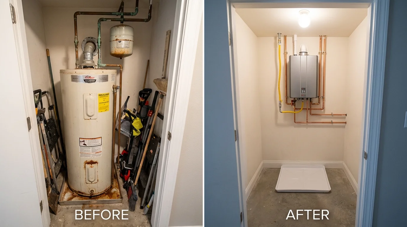 Tank water heater versus wall-mounted tankless unit comparison for Cambridge, MD homeowners