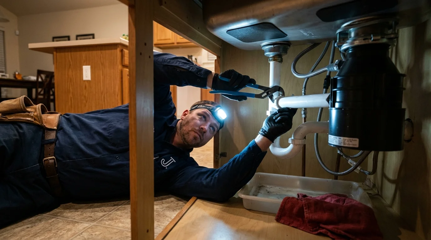 P-trap and supply line connections under a kitchen sink showing a common leak point in Cambridge, MD